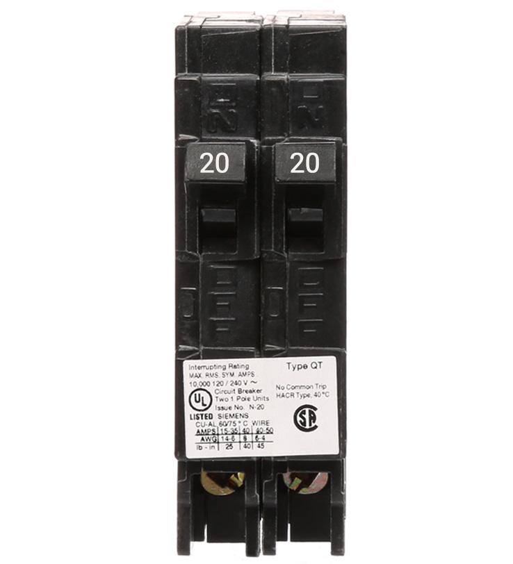 Siemens Q2020 | 20/20A Tandem QT Duplex Plug-In Circuit Breaker